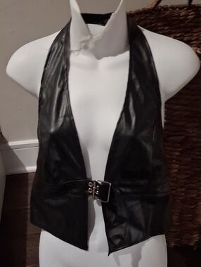 Black Faux Leather Halter Vest with Buckle